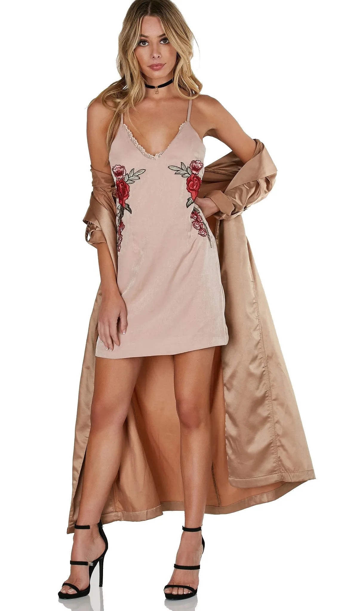 Rose Tattoo Satin Slip Dress Pink