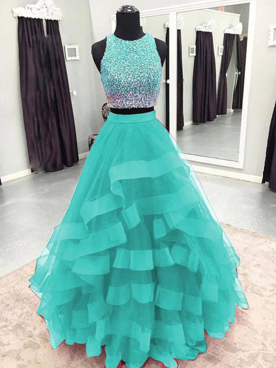 Round Neck 2 Pieces Green/Burgundy/Blue Tulle Sequins Long Prom, 2 Pieces Green/Burgundy/Blue Formal Evening