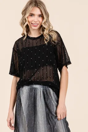 Round Neck Drop Shoulder Mesh Glitter Top