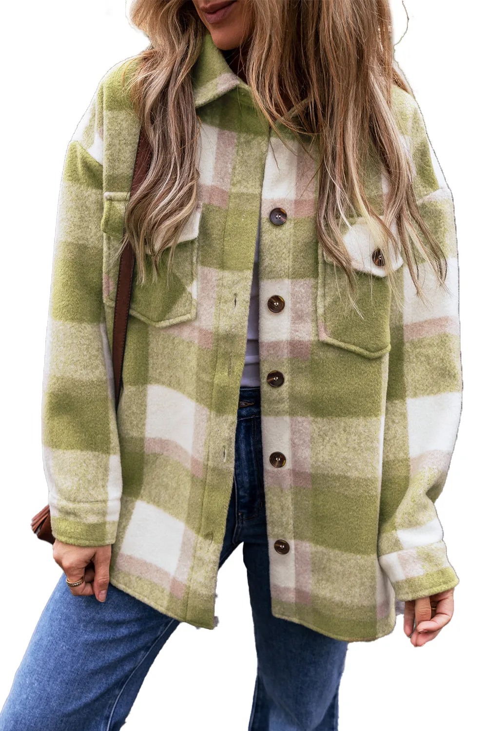 Sage Green Plaid Print Buttoned Flap Pockets Baggy Shacket