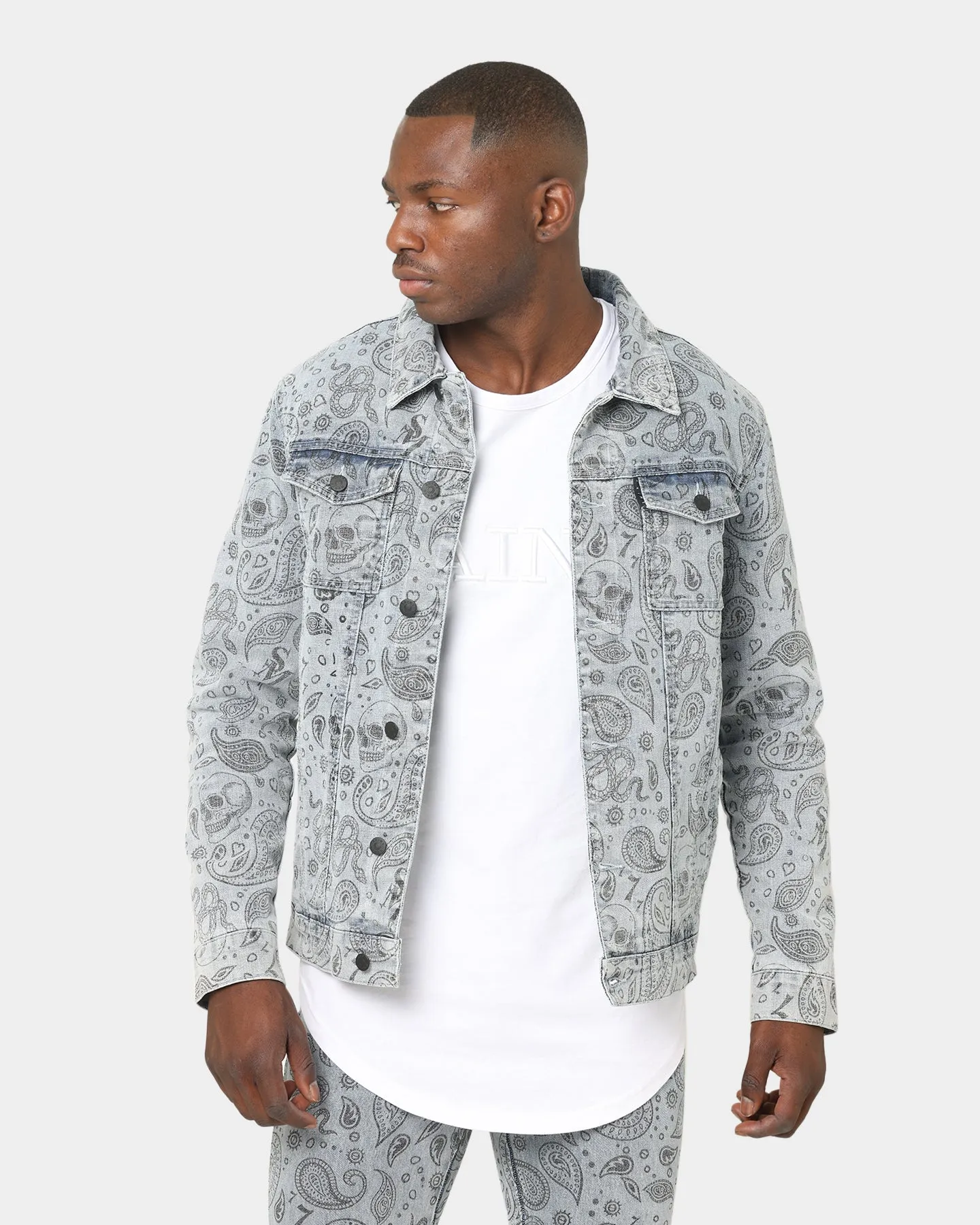 Saint Morta Paisley Skulls Sherpa Jacket Stone Wash Blue