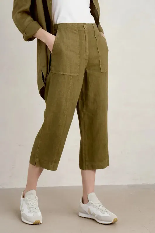 Seasalt Poleacre Cropped Linen Trousers - Fern Moss