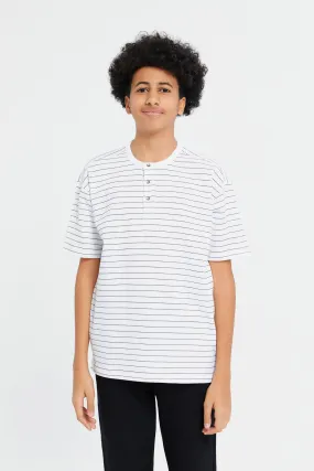 Senior Boys White And Black Oversize Henley T-Shirt