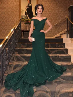 Shiny Off Shoulder Mermaid Dark Green Long Prom, Sparkly Mermaid Green Formal Evening