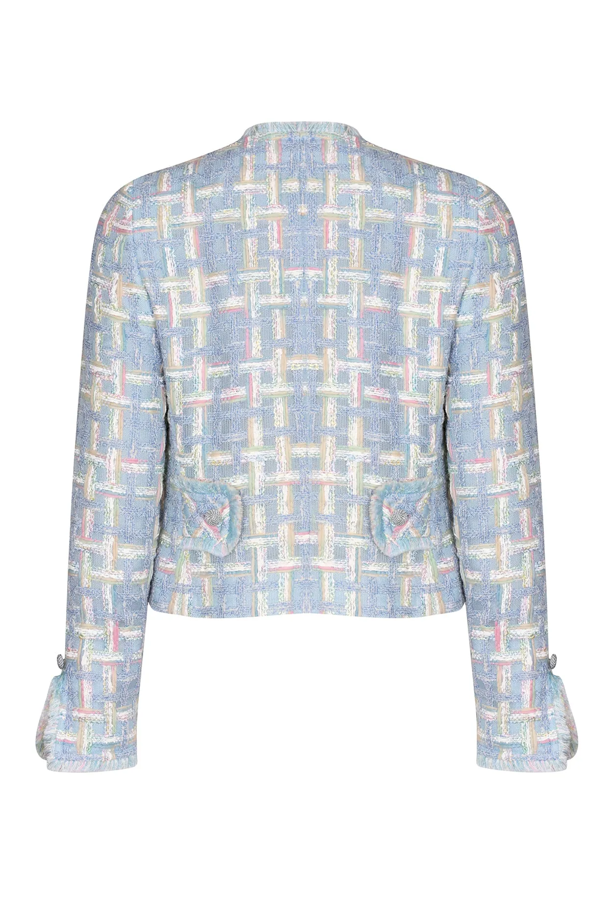 Sky Blue Featherweight Tweed Short Jacket with Pastel Overchecks - Carrie