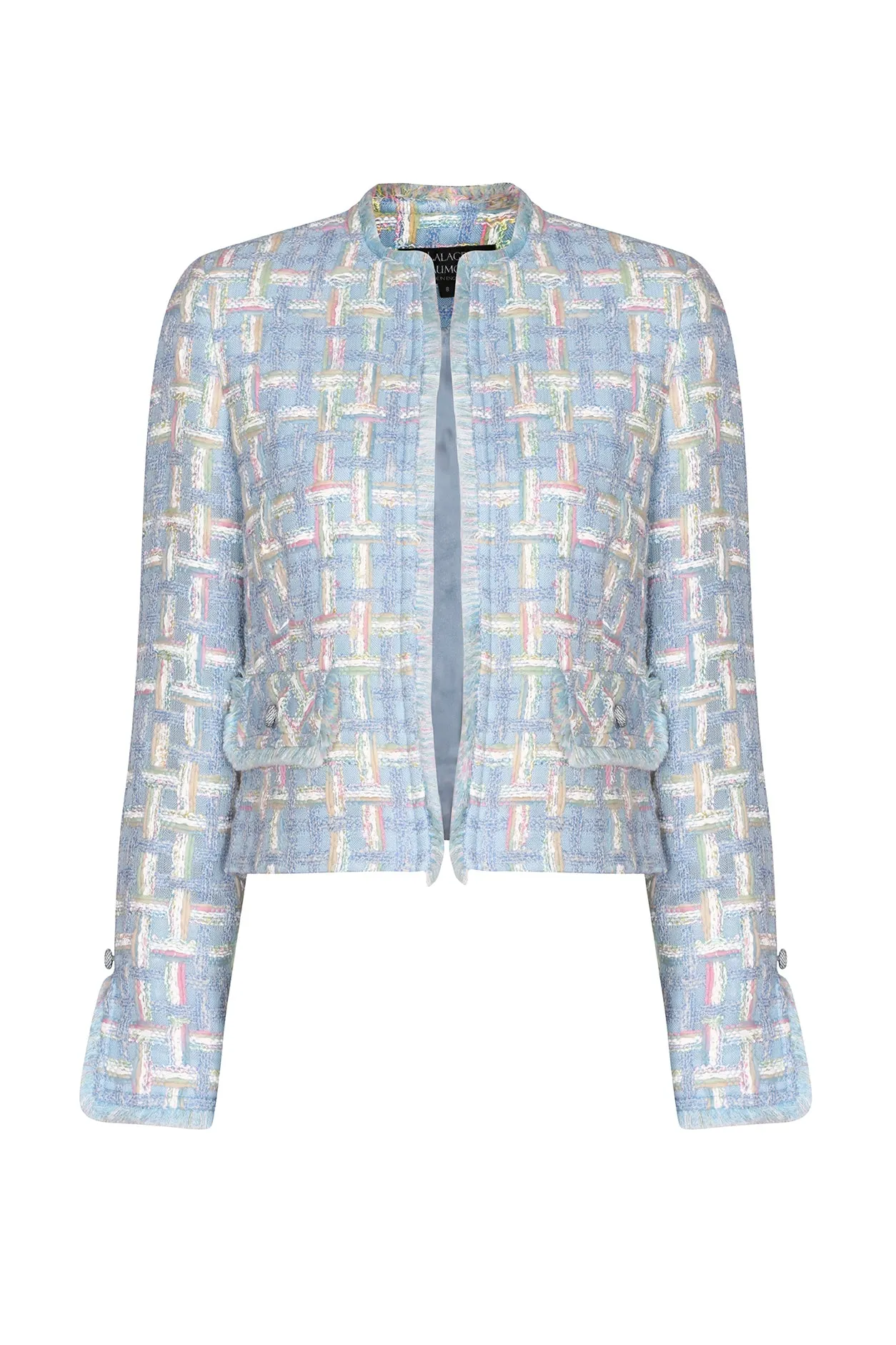 Sky Blue Featherweight Tweed Short Jacket with Pastel Overchecks - Carrie