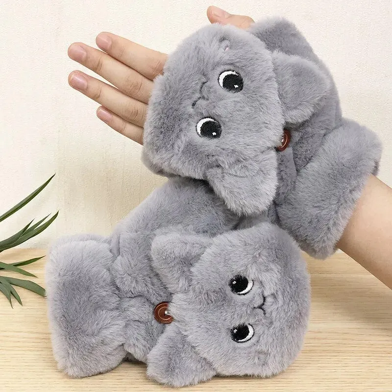 Soft Plush Cat Design Fingerless Gloves