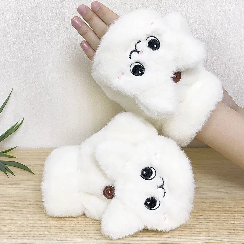 Soft Plush Cat Design Fingerless Gloves