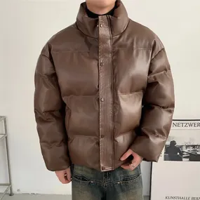 Solid Brown Padded PU Leather Jacket