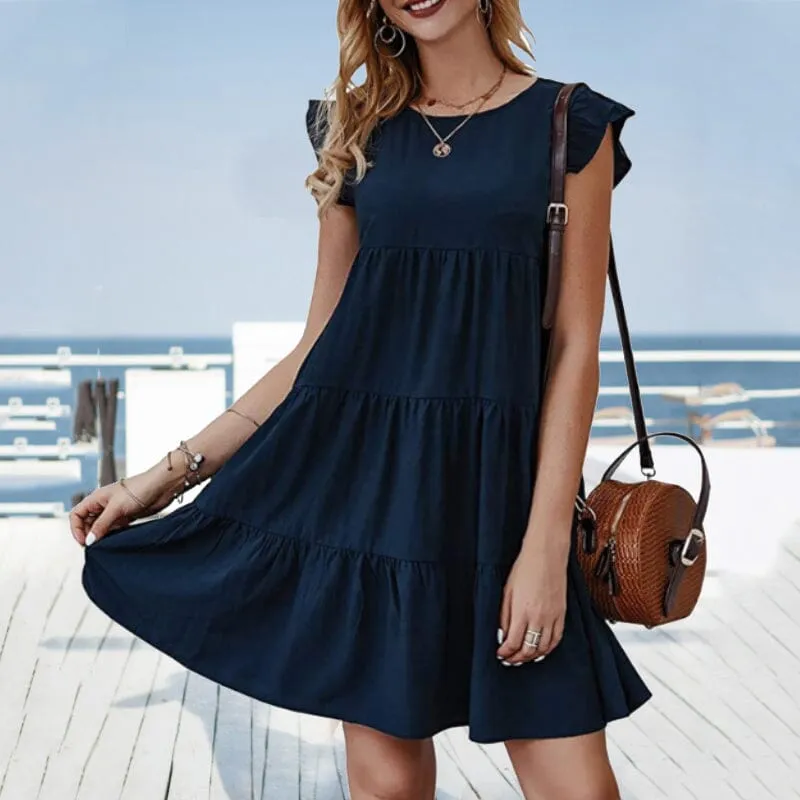 Solid Color Round Neck Pleated Skirt