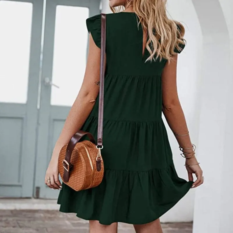 Solid Color Round Neck Pleated Skirt