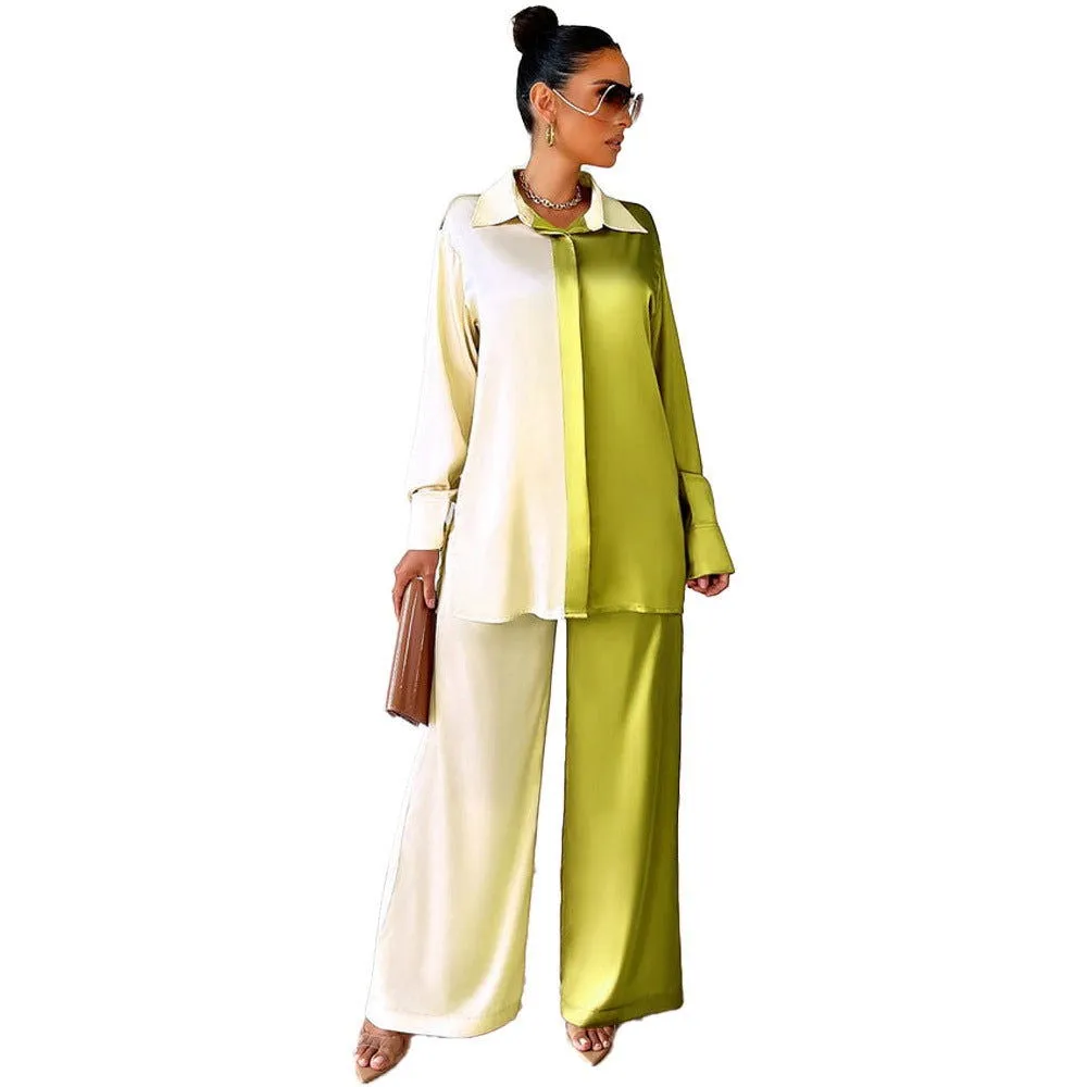 Sophisticated Two Tone Long Sleeves Panelled Satin Shirt and Pants Suits