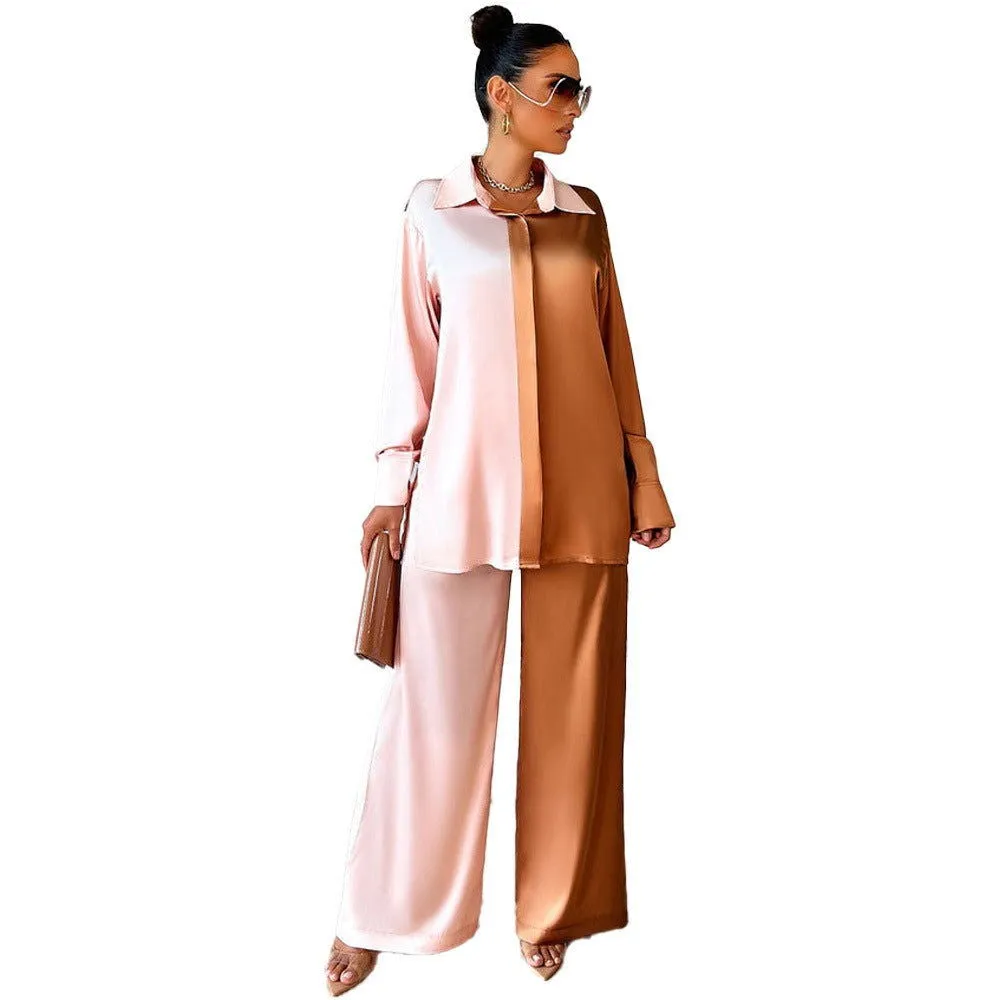 Sophisticated Two Tone Long Sleeves Panelled Satin Shirt and Pants Suits