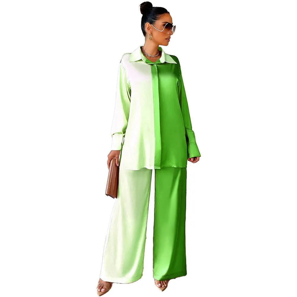 Sophisticated Two Tone Long Sleeves Panelled Satin Shirt and Pants Suits