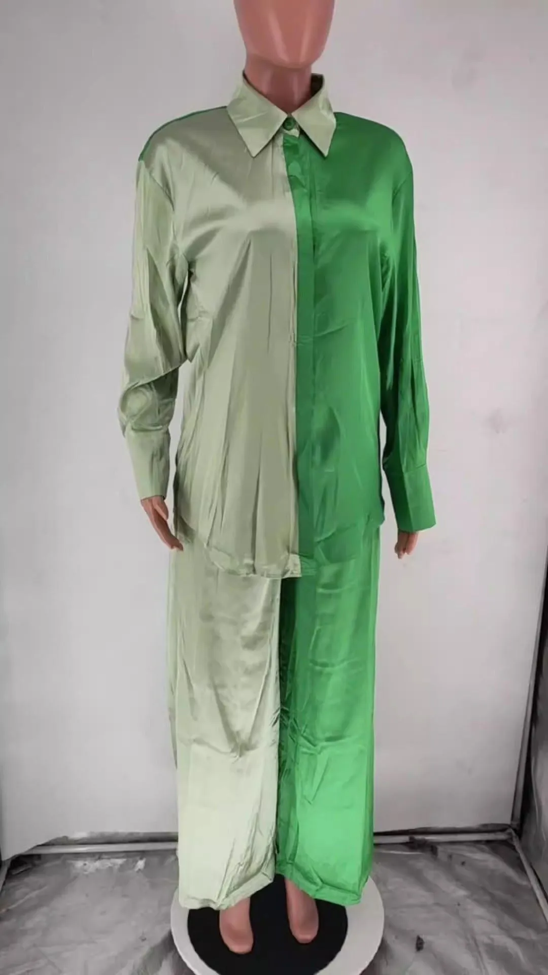 Sophisticated Two Tone Long Sleeves Panelled Satin Shirt and Pants Suits