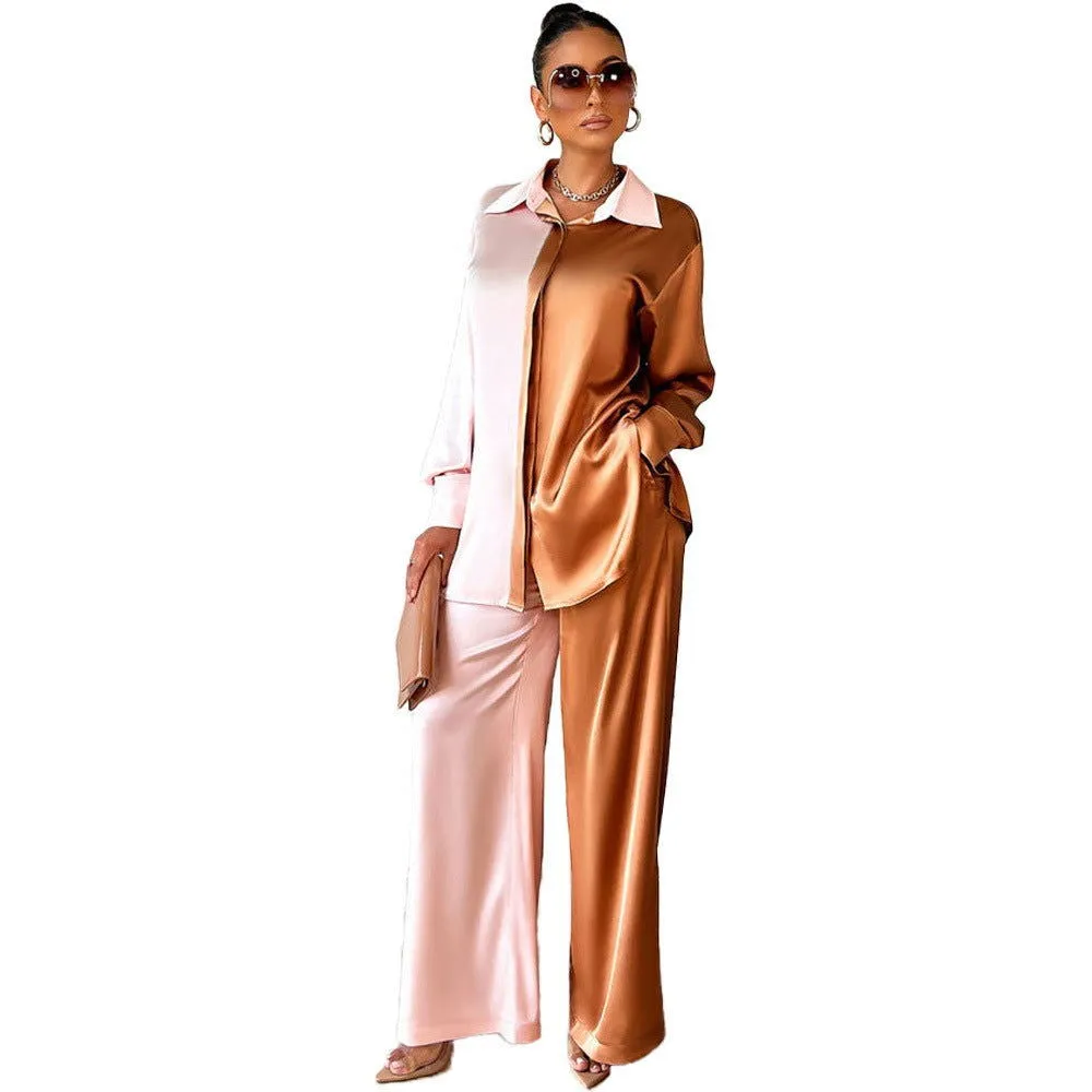 Sophisticated Two Tone Long Sleeves Panelled Satin Shirt and Pants Suits