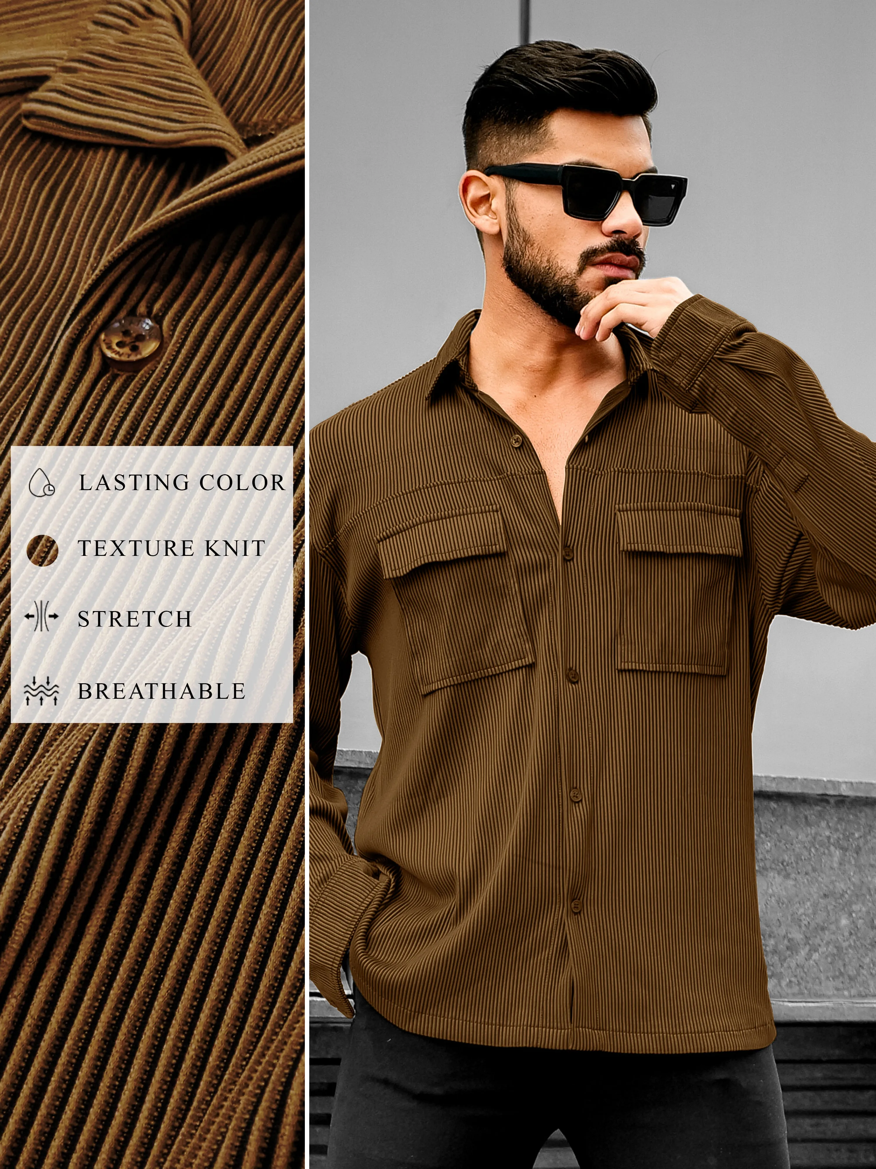 Stripe Textured Brown Full Sleeve Shirt