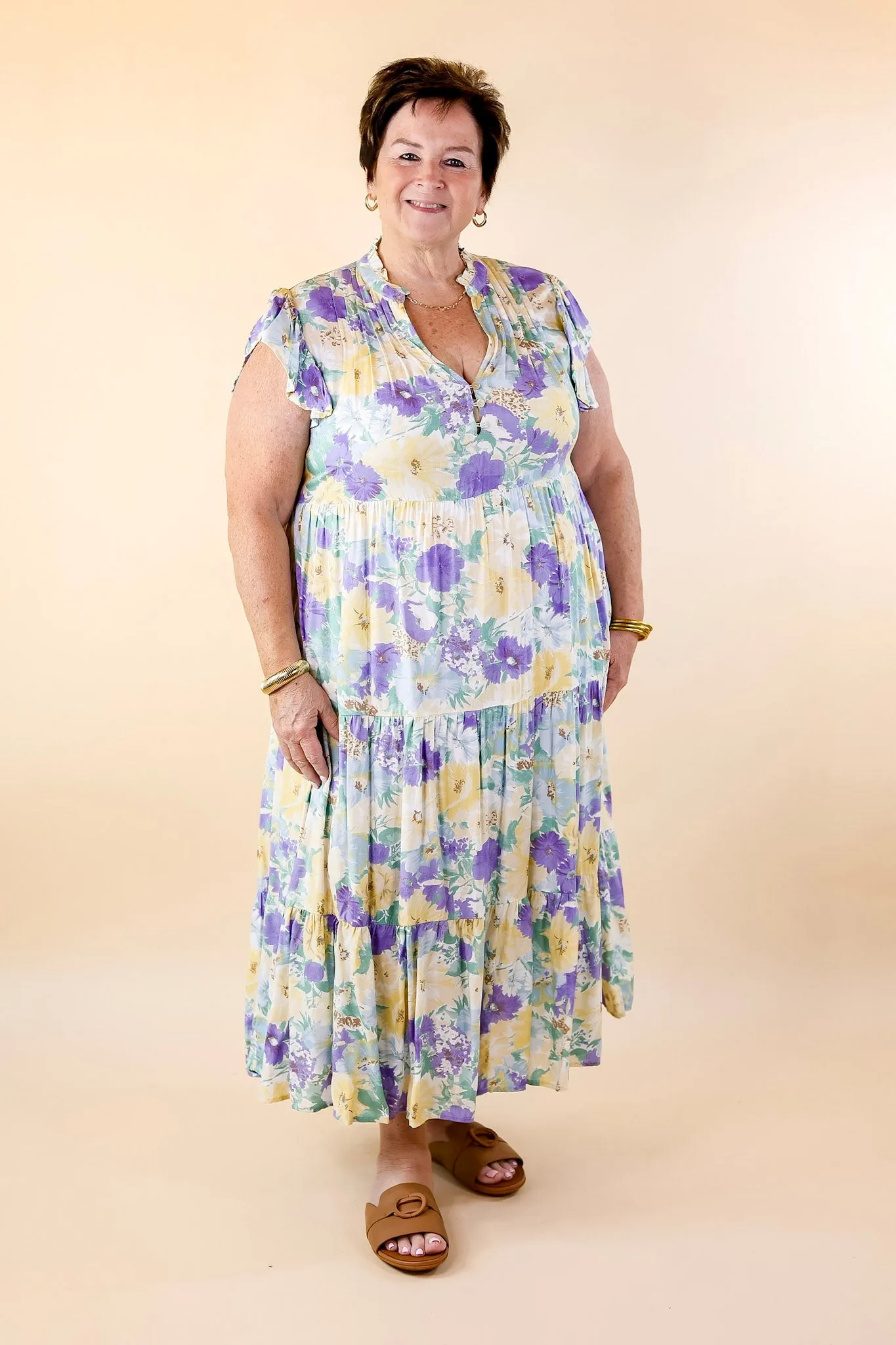 Strolling Down Sunset Floral Tiered Midi Dress in Purple and Green Mix