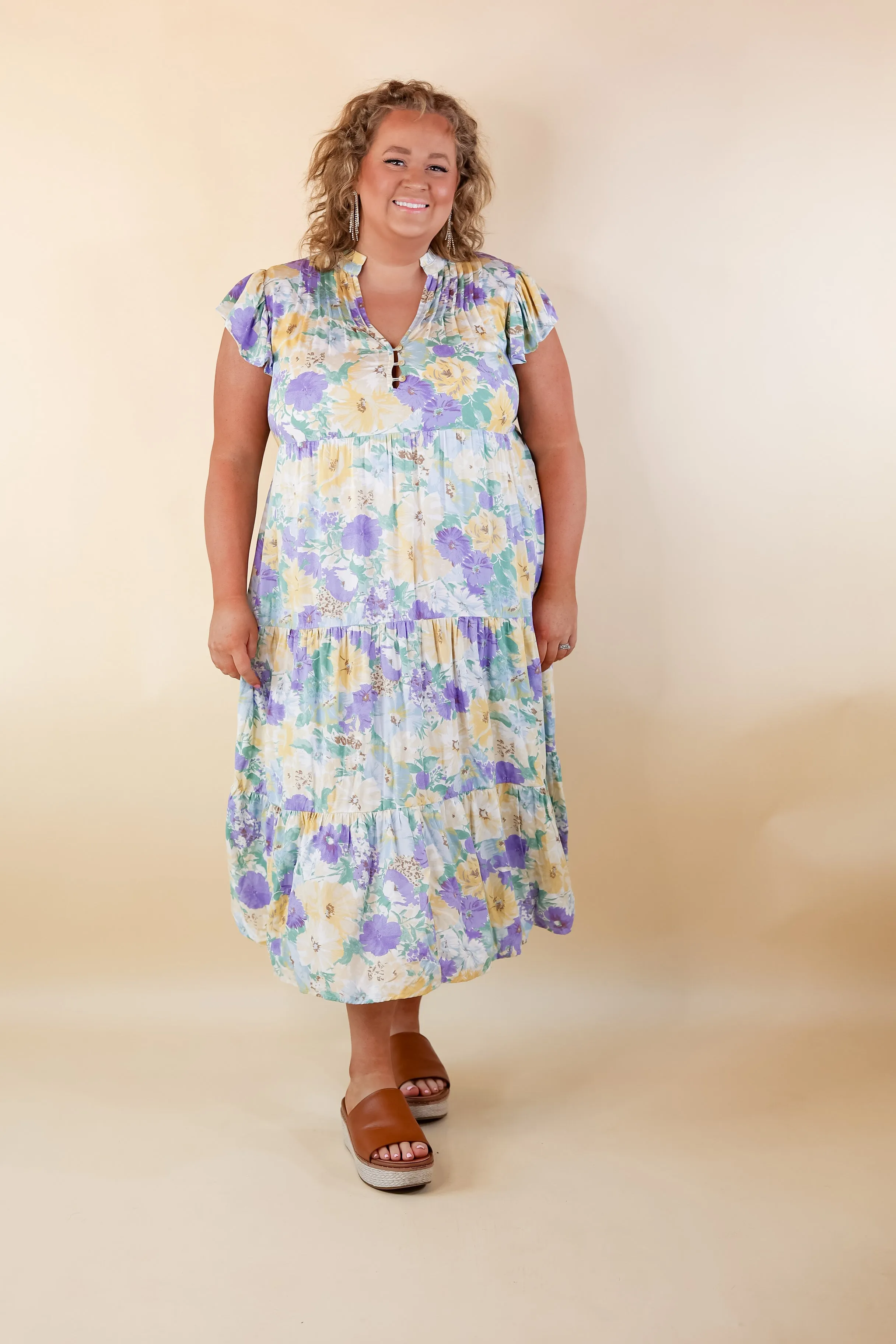 Strolling Down Sunset Floral Tiered Midi Dress in Purple and Green Mix