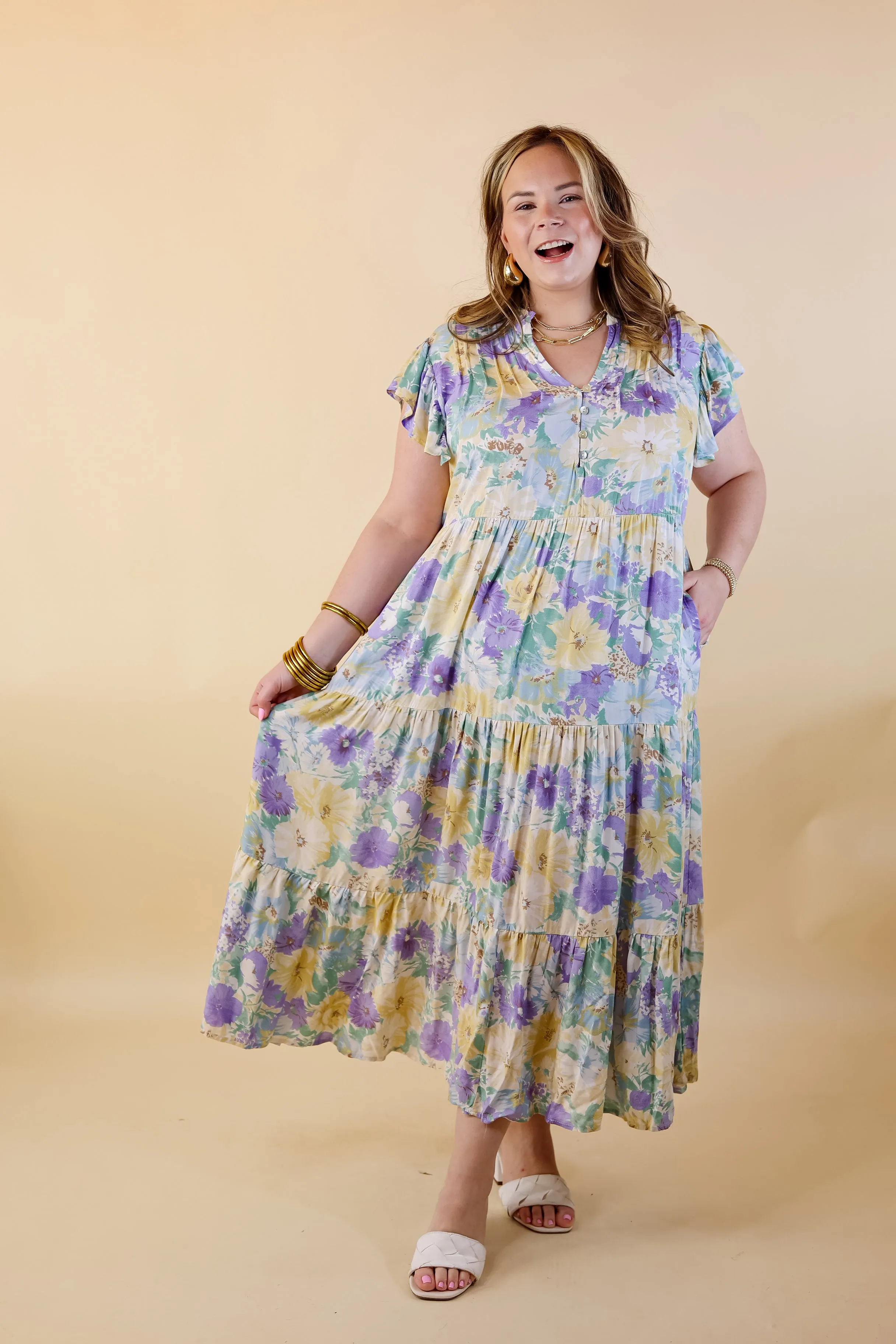 Strolling Down Sunset Floral Tiered Midi Dress in Purple and Green Mix