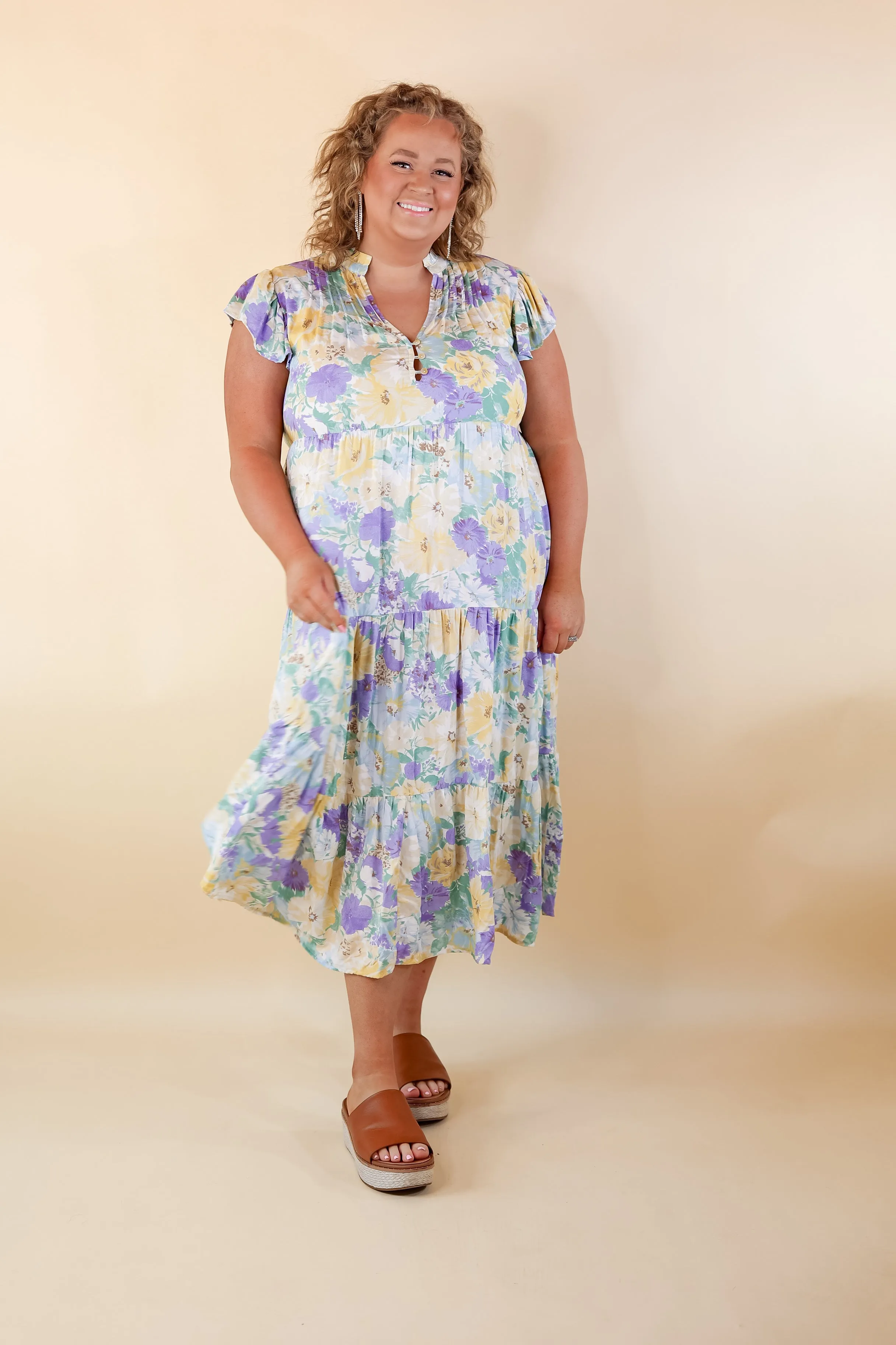 Strolling Down Sunset Floral Tiered Midi Dress in Purple and Green Mix