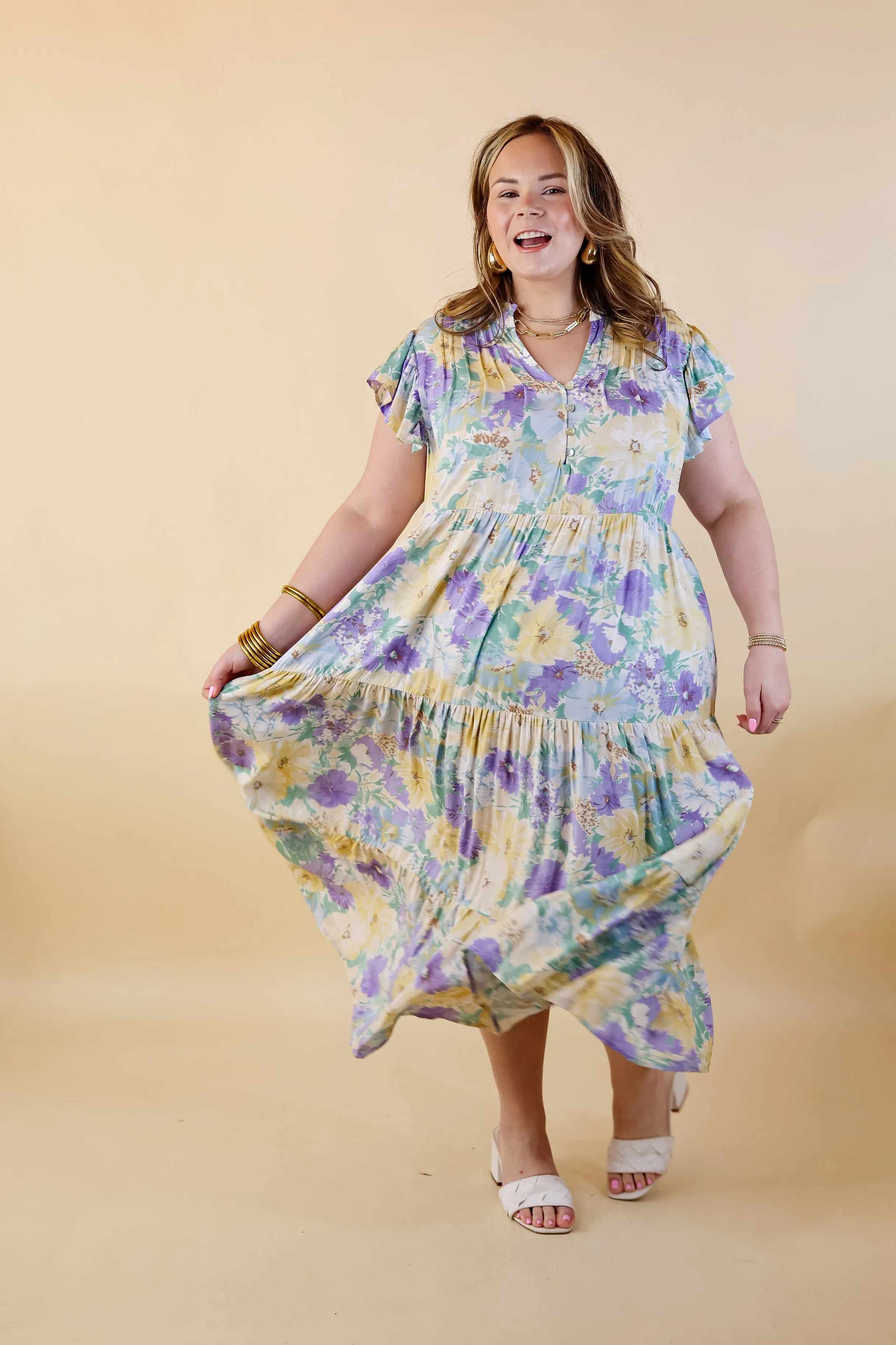 Strolling Down Sunset Floral Tiered Midi Dress in Purple and Green Mix