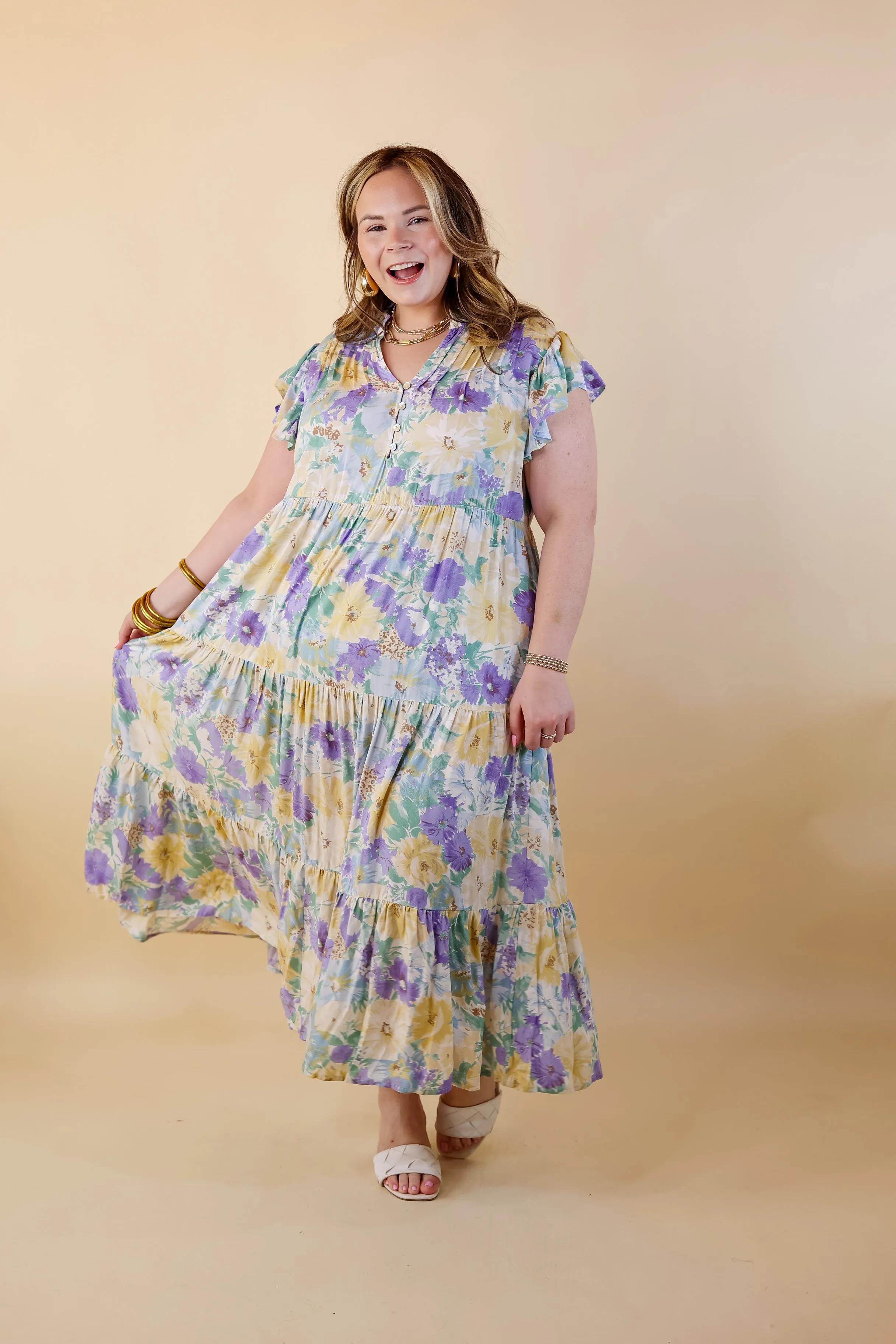 Strolling Down Sunset Floral Tiered Midi Dress in Purple and Green Mix