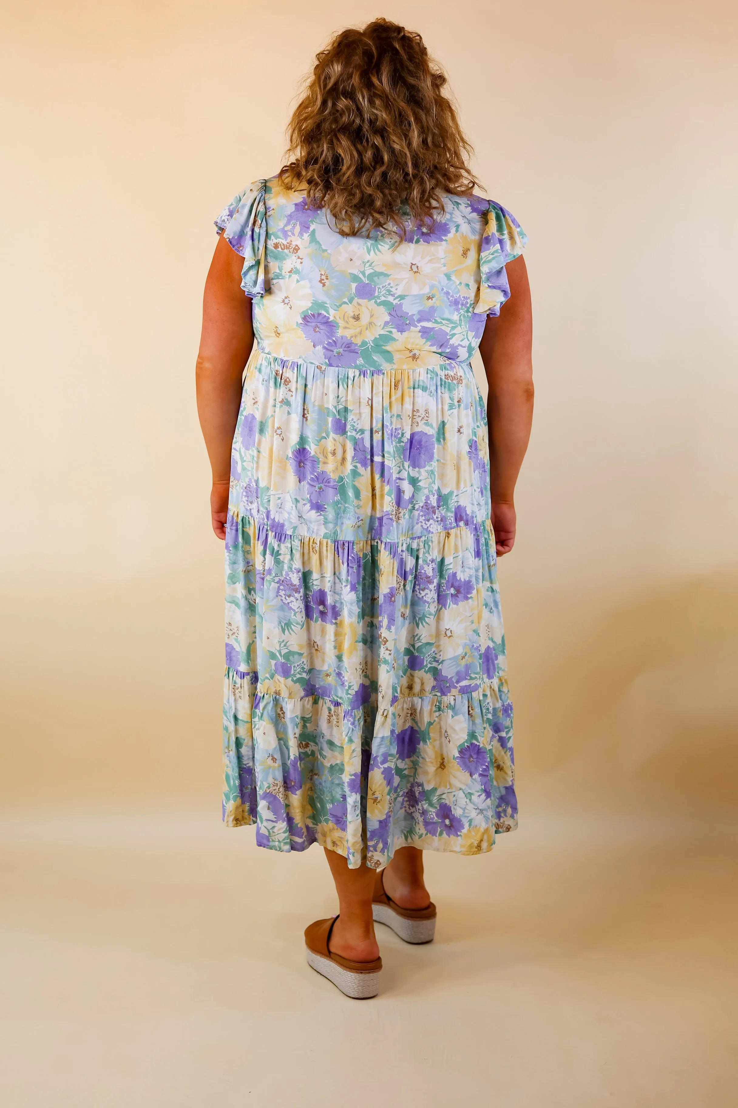 Strolling Down Sunset Floral Tiered Midi Dress in Purple and Green Mix