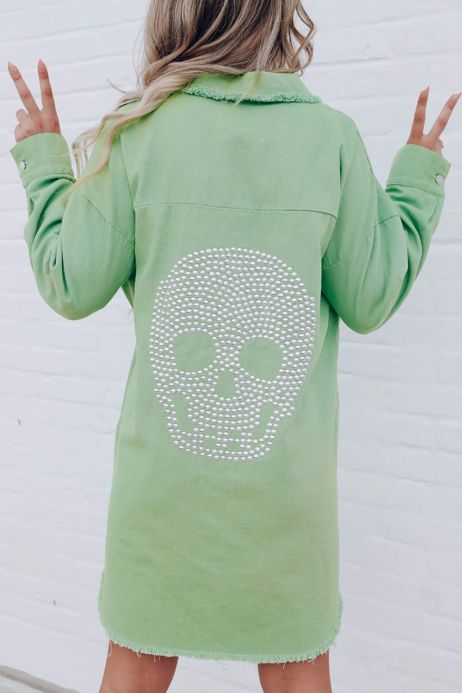 Studded Skull Raw Edge Shacket - Mint Green