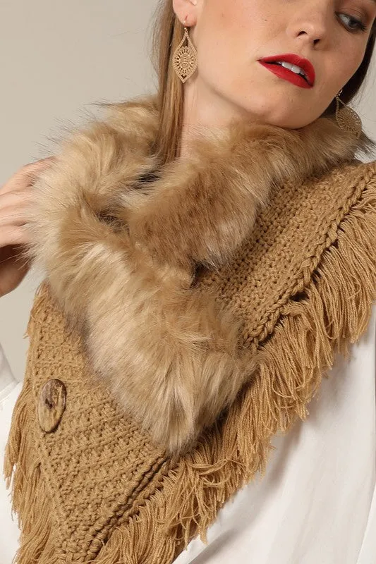 Taupe basket weave and soft faux fur with frayed fringe and wood button accent wrap