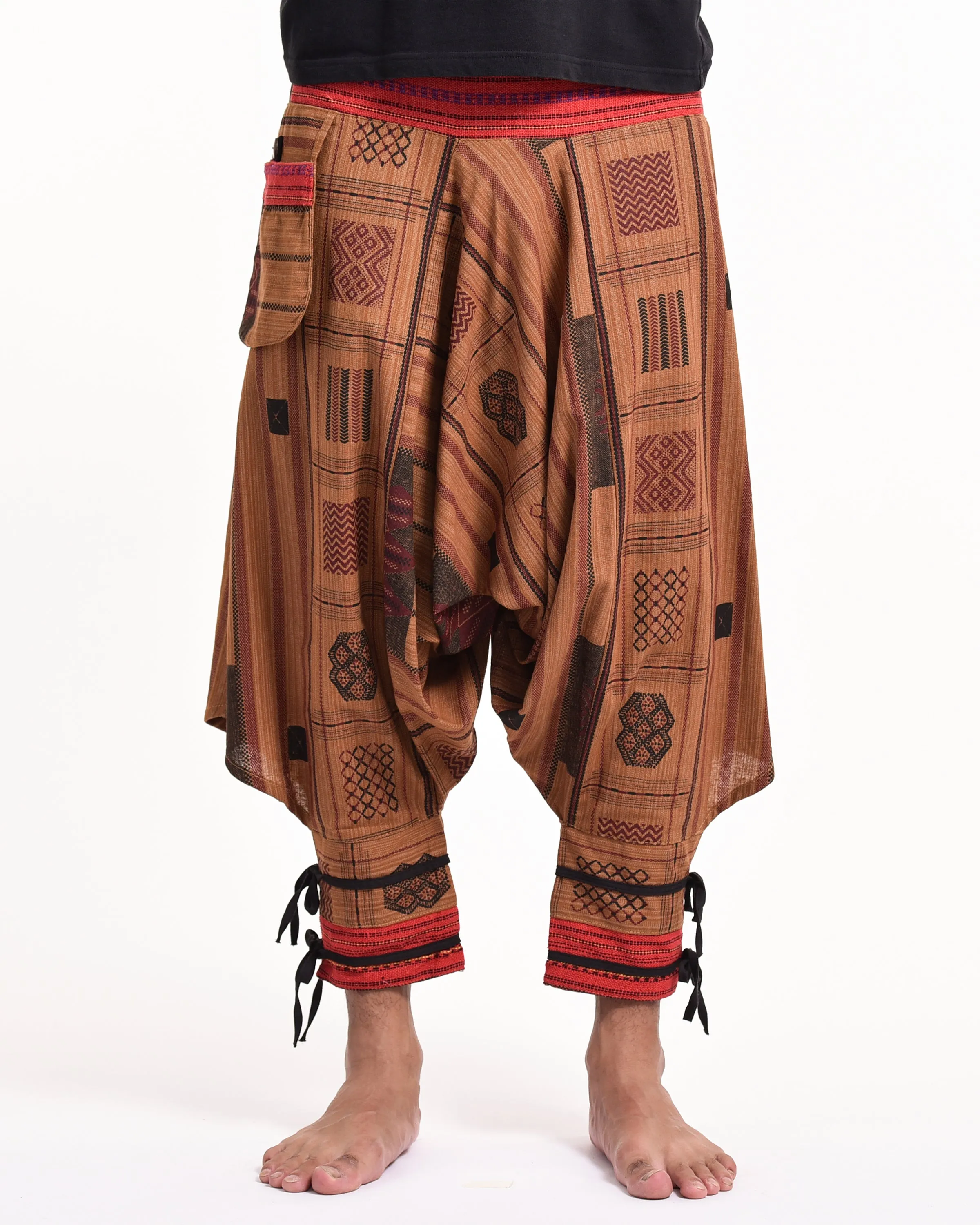 Thai Hill Tribe Fabric Harem Pants with Ankle Straps in Light Brown