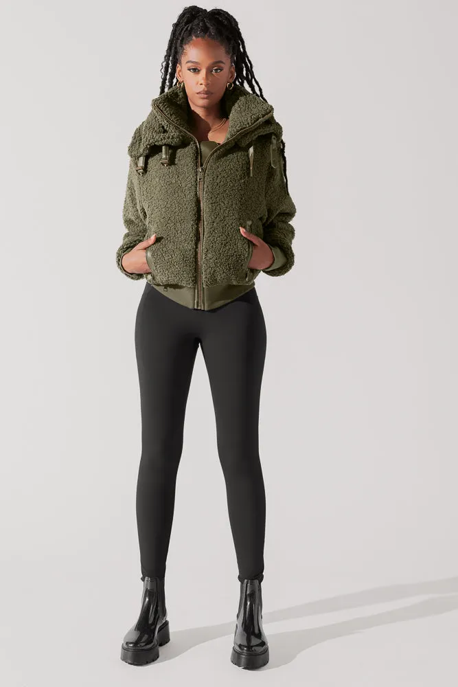 The Kinsley Bomber Jacket in Faux Sherpa - Olive