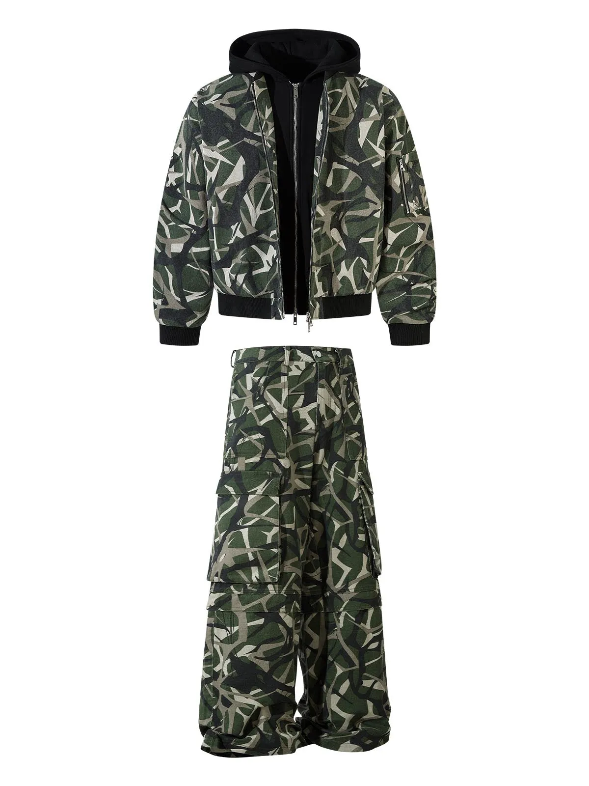 Thesupermade  Camouflage Faux Two-piece Hooded Fleece Jacket Tracksuit