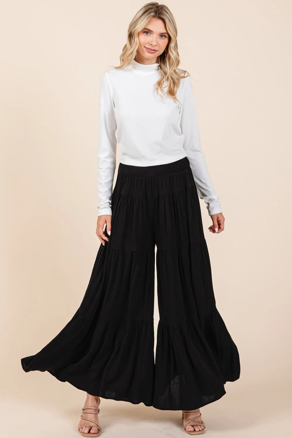 Tier Detail Smocked Elastic Waist Wide Leg Pants