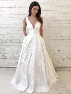 Unique V Neck Lace Appliques White Long Prom Wedding, V Neck White Lace Formal, White Lace Evening