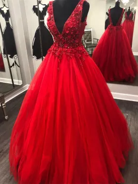 V Neck and V Back Beading Red Lace Floral Long Prom, Open Back Red Formal, Gorgeous Red Evening