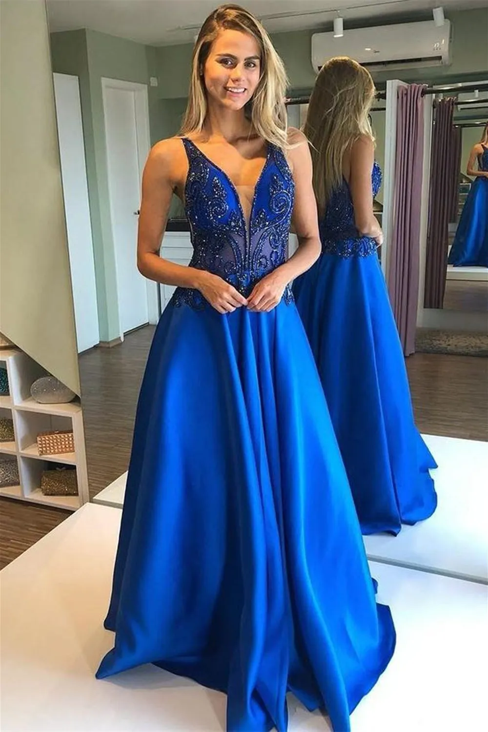 V Neck Open Back Blue Beaded Long Prom Dress, Open Back Blue Formal Dress, Blue Evening Dress A1329