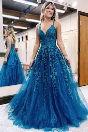 V Neck Open Back Blue Lace Long Prom Dress, Blue Lace Formal Dress, Blue Evening Dress A1724