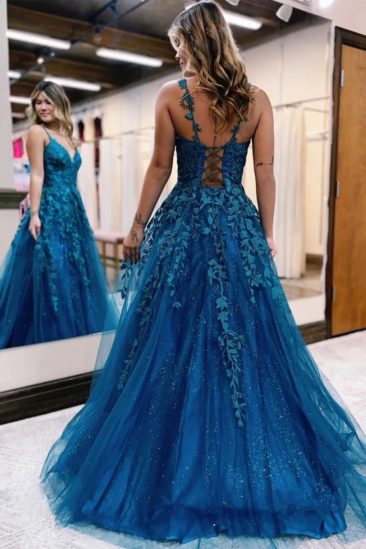 V Neck Open Back Blue Lace Long Prom Dress, Blue Lace Formal Dress, Blue Evening Dress A1724