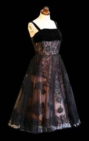 Vintage 1950s Black Pink Lace Tulle Cocktail Dress