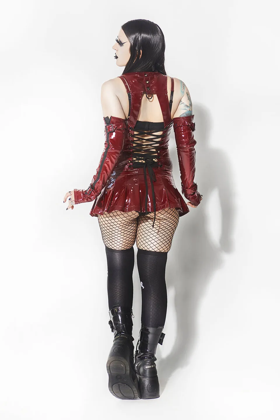 Vinyl Pleated Micro Mini Bondage Skirt in Vampire Red