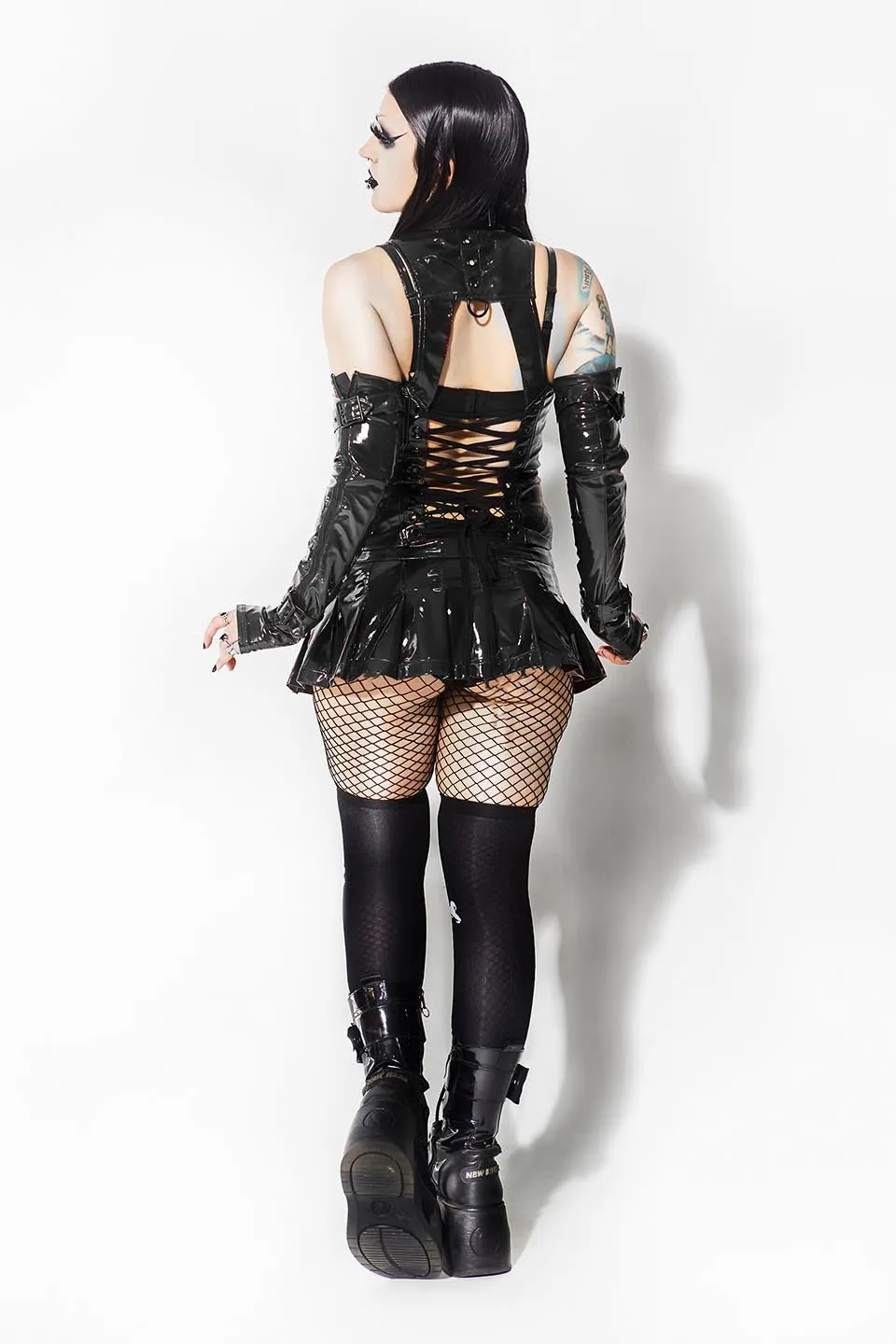 Vinyl PVC Pleated Micro Mini Skirt with Antique Nickel Bondage Rings