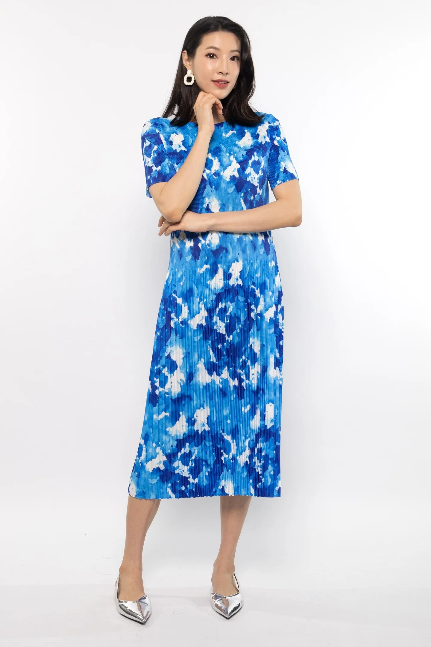 Voon Pleated Dress in Blue Sea