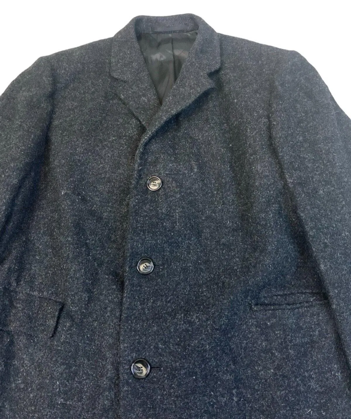 VTG 60s HARRIS TWEED CHARCOAL FLECK WOOL OVERCOAT SATIN LINED XL 46