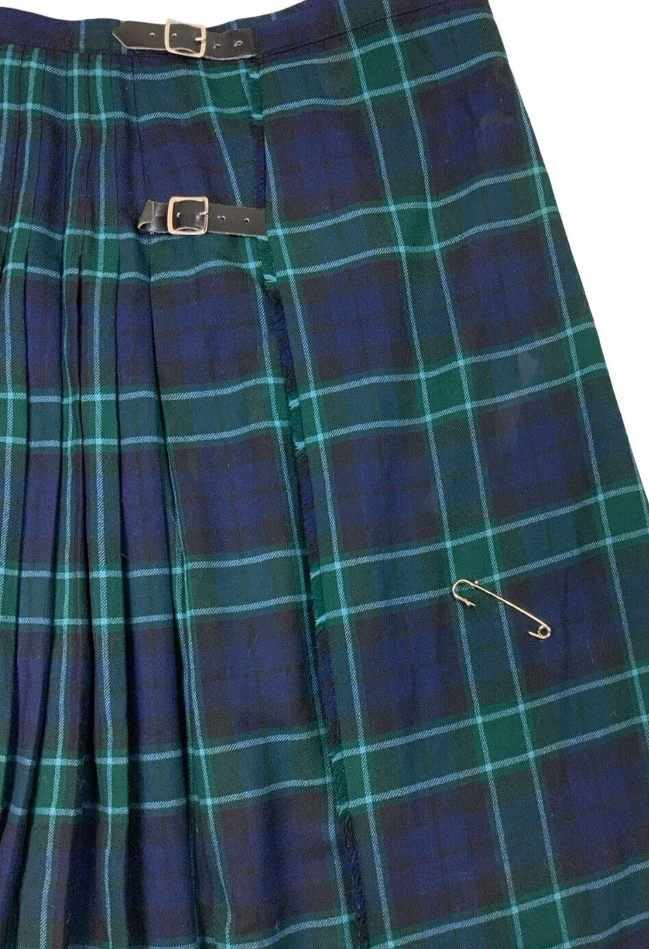 VTG 80s BURBERRYS GREEN NAVY BLUE NOVA CHECK TARTAN PLEATED KILT SKIRT SIZE M