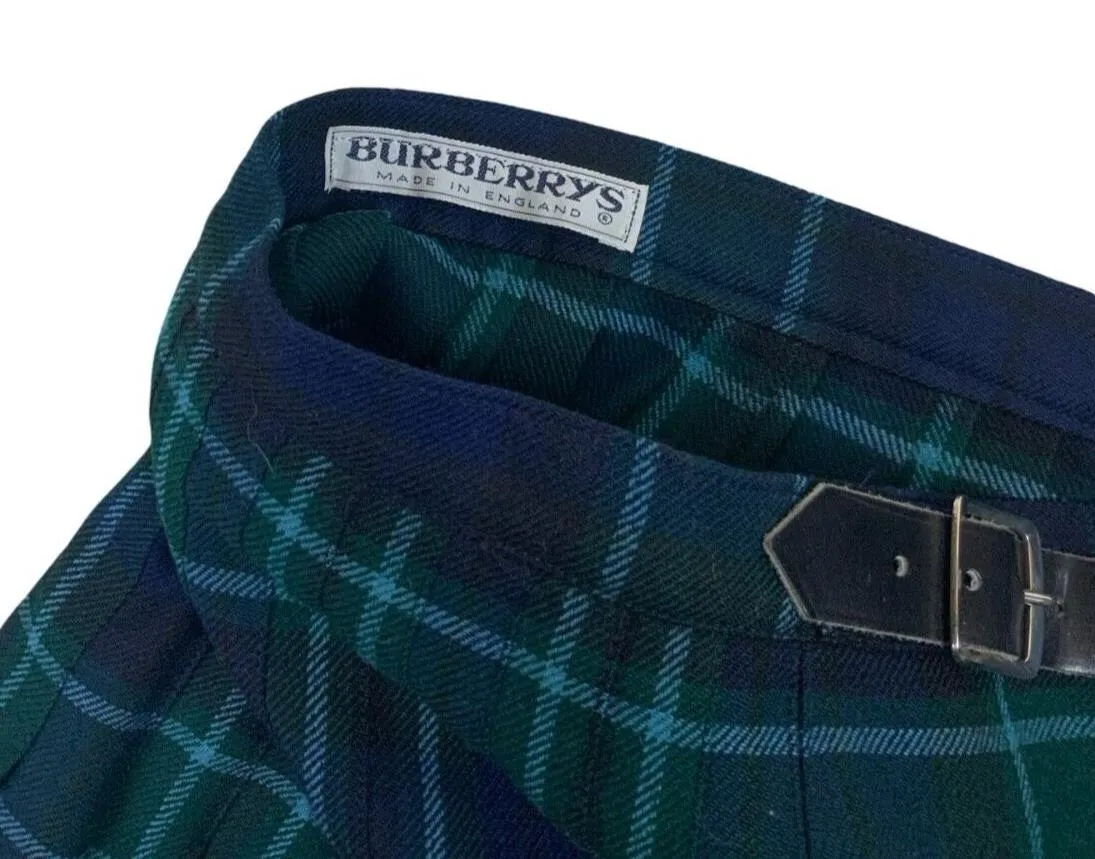 VTG 80s BURBERRYS GREEN NAVY BLUE NOVA CHECK TARTAN PLEATED KILT SKIRT SIZE M