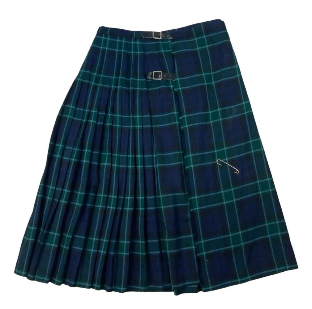 VTG 80s BURBERRYS GREEN NAVY BLUE NOVA CHECK TARTAN PLEATED KILT SKIRT SIZE M