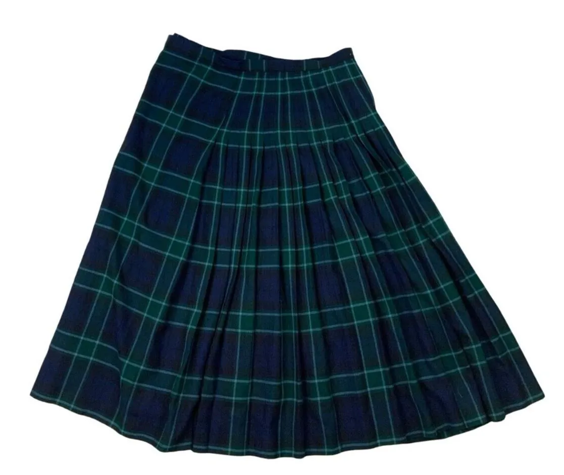 VTG 80s BURBERRYS GREEN NAVY BLUE NOVA CHECK TARTAN PLEATED KILT SKIRT SIZE M