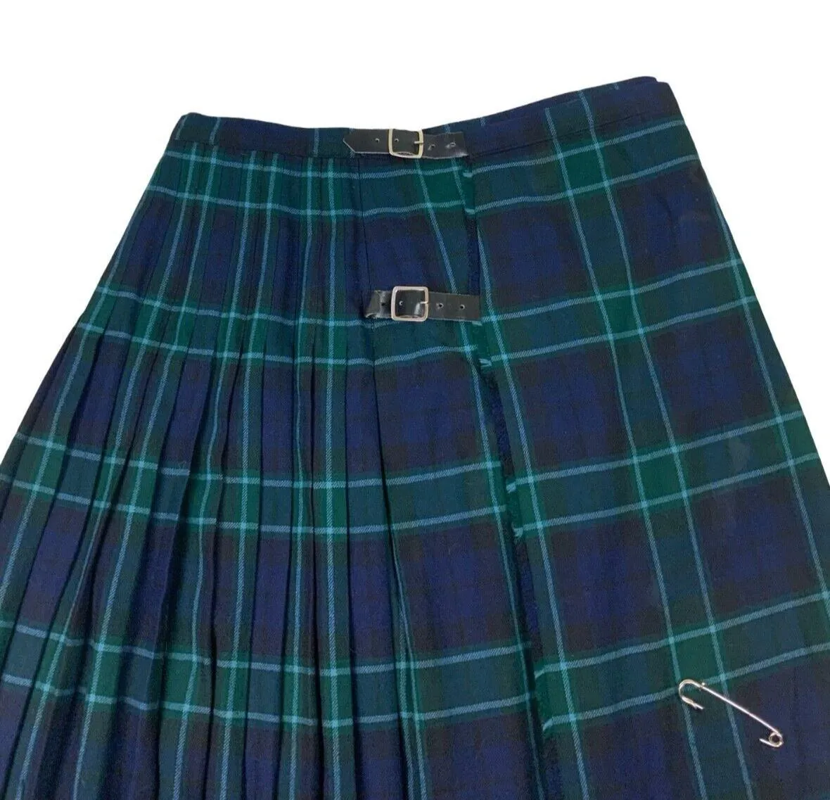 VTG 80s BURBERRYS GREEN NAVY BLUE NOVA CHECK TARTAN PLEATED KILT SKIRT SIZE M