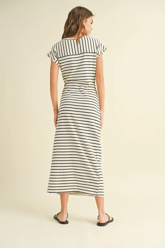 Waitlist 2/5 ♥ Avril Short Sleeve Knot Stripe Print Midi Dress White